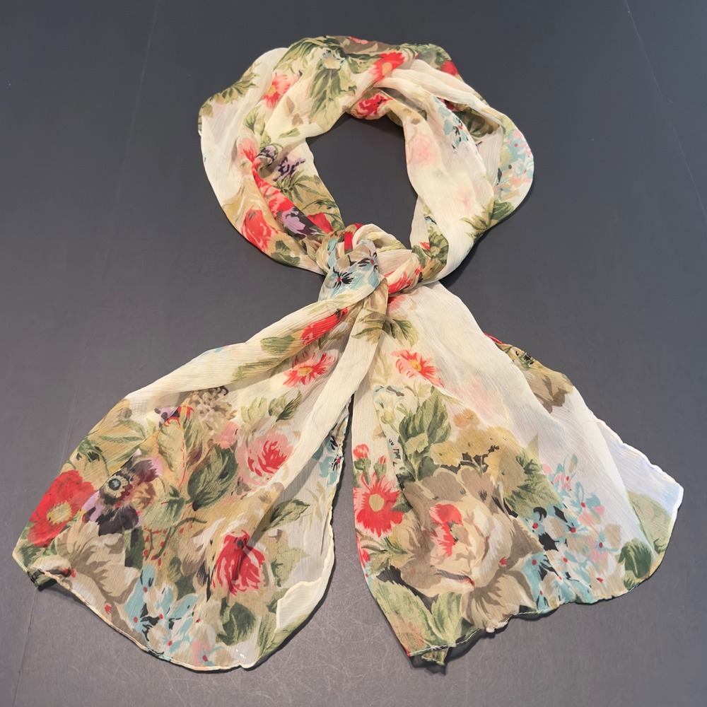 Floral Scarf Cream Red Blue Sheer Lightweight Rectangular Wrap OS Cottagecore